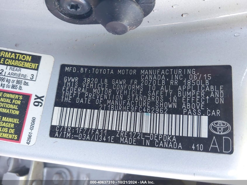 2015 TOYOTA COROLLA L - 2T1BURHE9FC462962