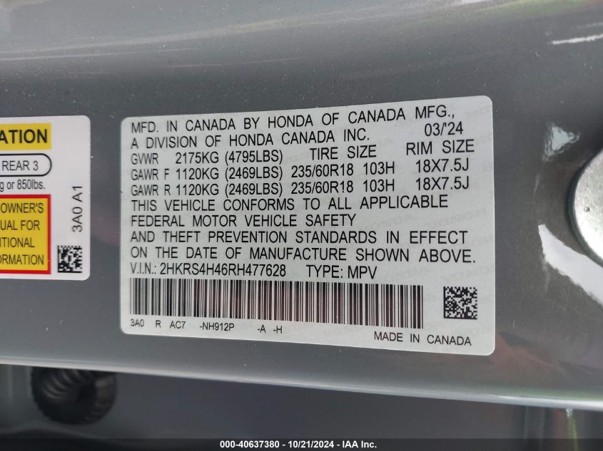 2024 Honda Cr-V Ex Awd VIN: 2HKRS4H46RH477628 Lot: 40637380