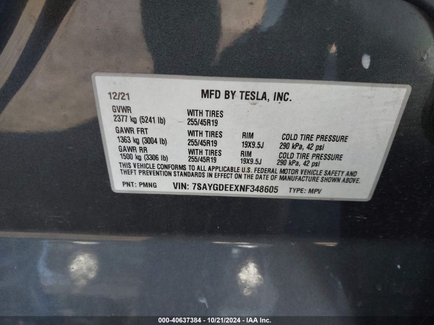 2022 Tesla Model Y Long Range Dual Motor All-Wheel Drive VIN: 7SAYGDEEXNF348605 Lot: 40637384