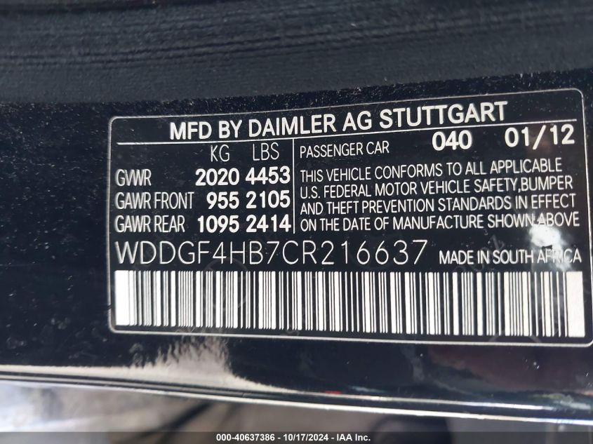 2012 Mercedes-Benz C 250 Luxury/Sport VIN: WDDGF4HB7CR216637 Lot: 40637386