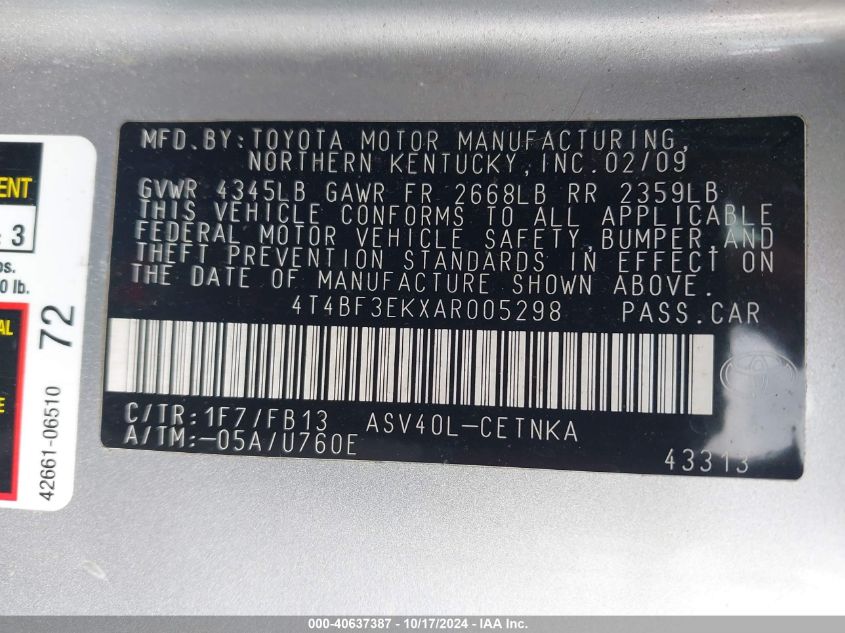 2010 Toyota Camry VIN: 4T4BF3EKXAR005298 Lot: 40637387