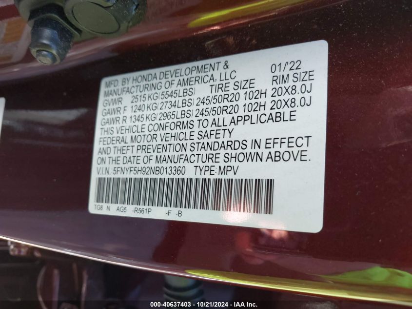 2022 Honda Pilot Touring VIN: 5FNYF5H92NB013360 Lot: 40637403