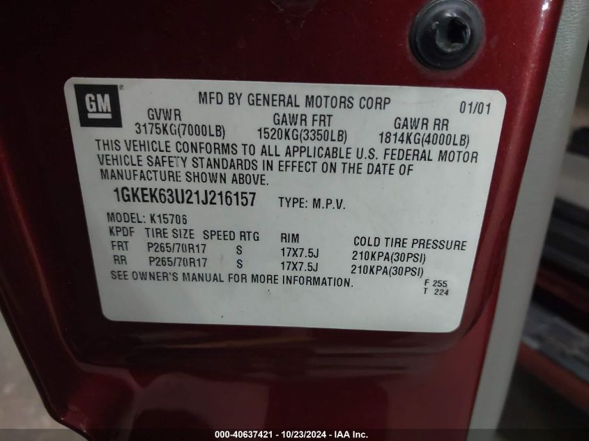 2001 GMC Yukon Denali VIN: 1GKEK63U21J216157 Lot: 40637421