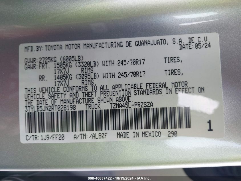 2024 Toyota Tacoma Sr5 VIN: 3TYLB5JN2RT028198 Lot: 40637422