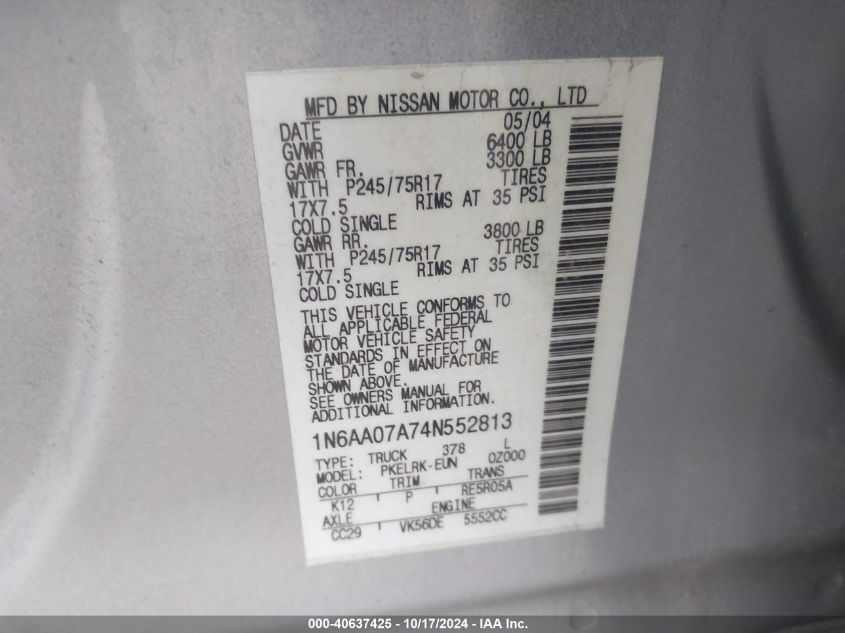 2004 Nissan Titan Xe VIN: 1N6AA07A74N552813 Lot: 40637425