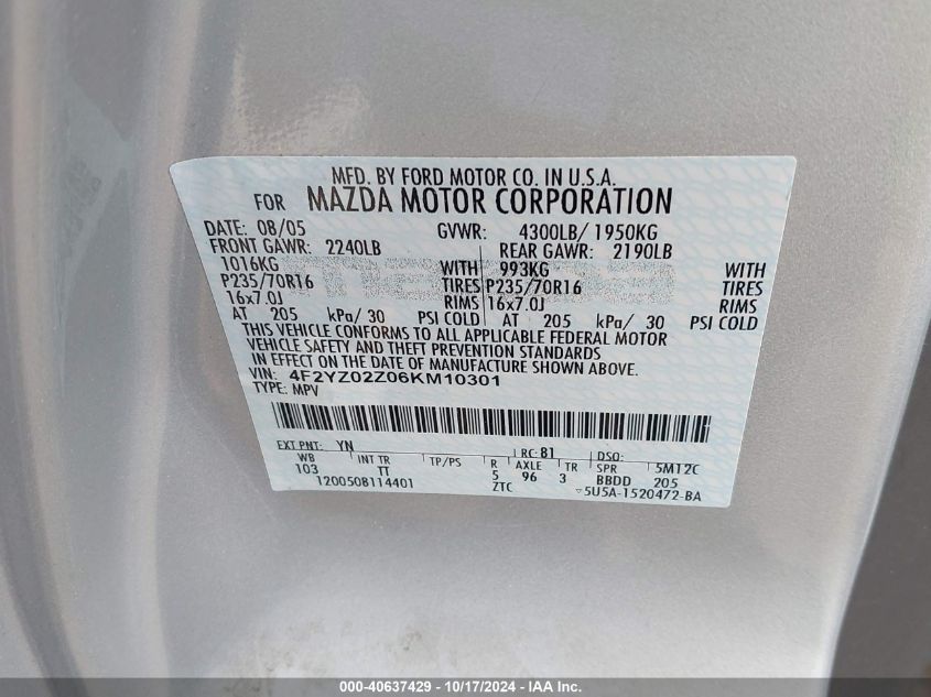 2006 Mazda Tribute I VIN: 4F2YZ02Z06KM10301 Lot: 40637429