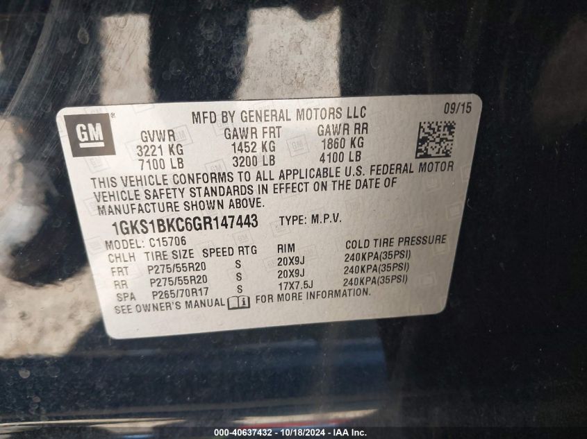 VIN 1GKS1BKC6GR147443 2016 GMC YUKON no.9