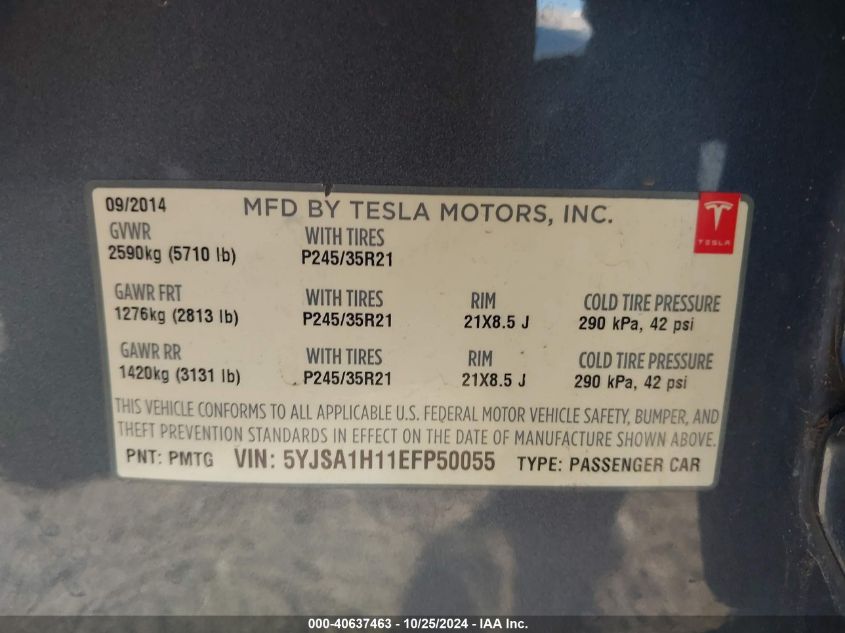 2014 Tesla Model S P85 VIN: 5YJSA1H11EFP50055 Lot: 40637463