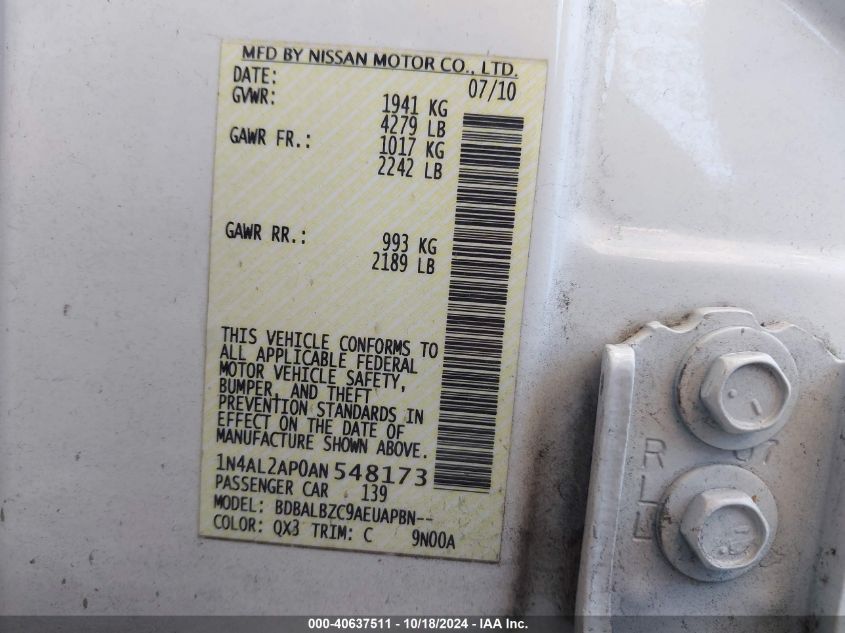 2010 Nissan Altima 2.5 S VIN: 1N4AL2AP0AN548173 Lot: 40637511