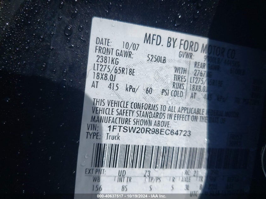 2008 Ford F-250 King Ranch/Lariat/Xl/Xlt VIN: 1FTSW20R98EC64723 Lot: 40637517