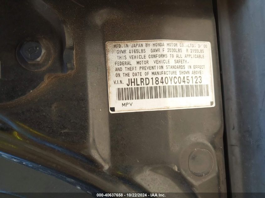 2000 Honda Cr-V Lx VIN: JHLRD1840YC045123 Lot: 40752953