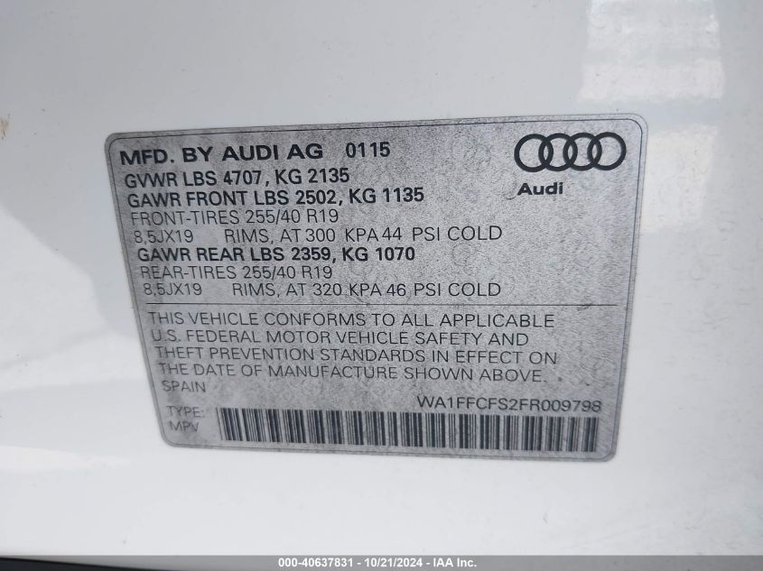 2015 Audi Q3 2.0T Premium Plus VIN: WA1FFCFS2FR009798 Lot: 40637831