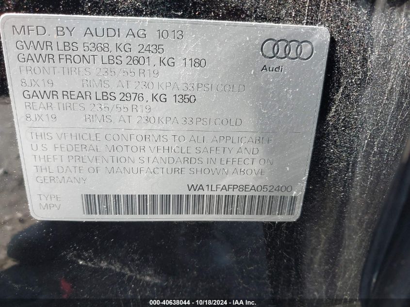 2014 Audi Q5 2.0T Premium VIN: WA1LFAFP8EA052400 Lot: 40638044