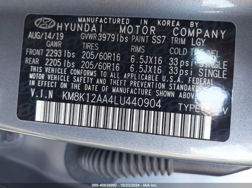 2020 Hyundai Kona Se VIN: KM8K12AA4LU440904 Lot: 40638092