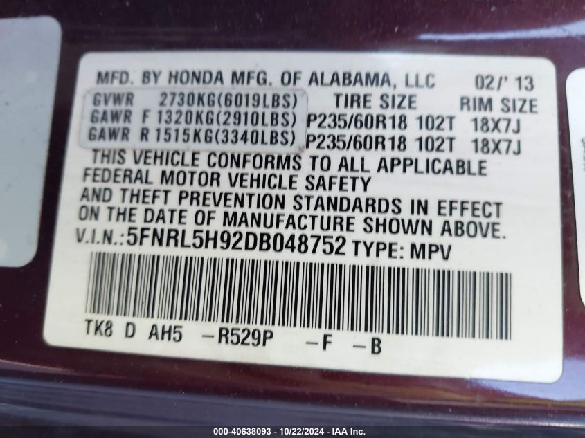 VIN 5FNRL5H92DB048752 2013 HONDA ODYSSEY no.9