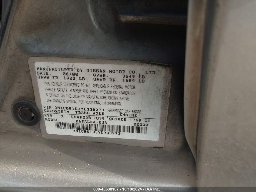 2000 Nissan Sentra Xe/Gxe VIN: 3N1CB51D3YL338273 Lot: 40638107