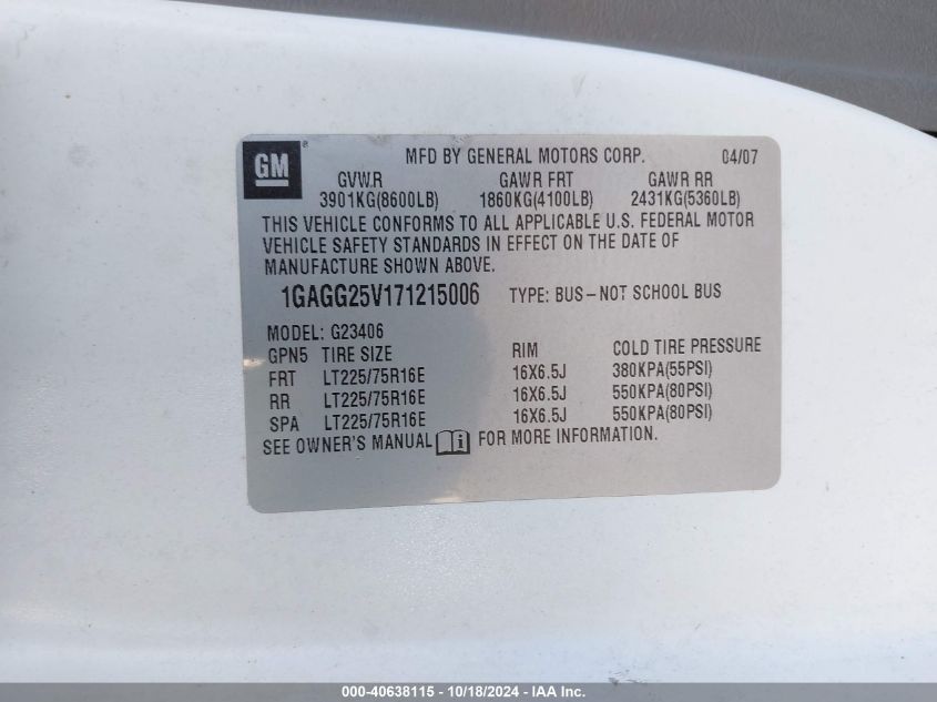 2007 Chevrolet Express Ls VIN: 1GAGG25V171215006 Lot: 40638115