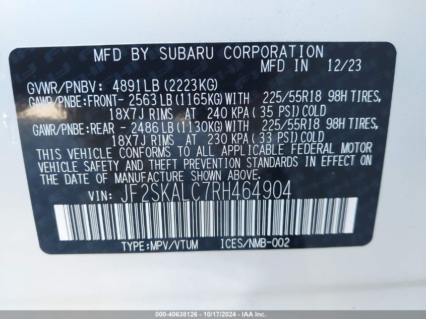 2024 Subaru Forester Limited VIN: JF2SKALC7RH464904 Lot: 40638126