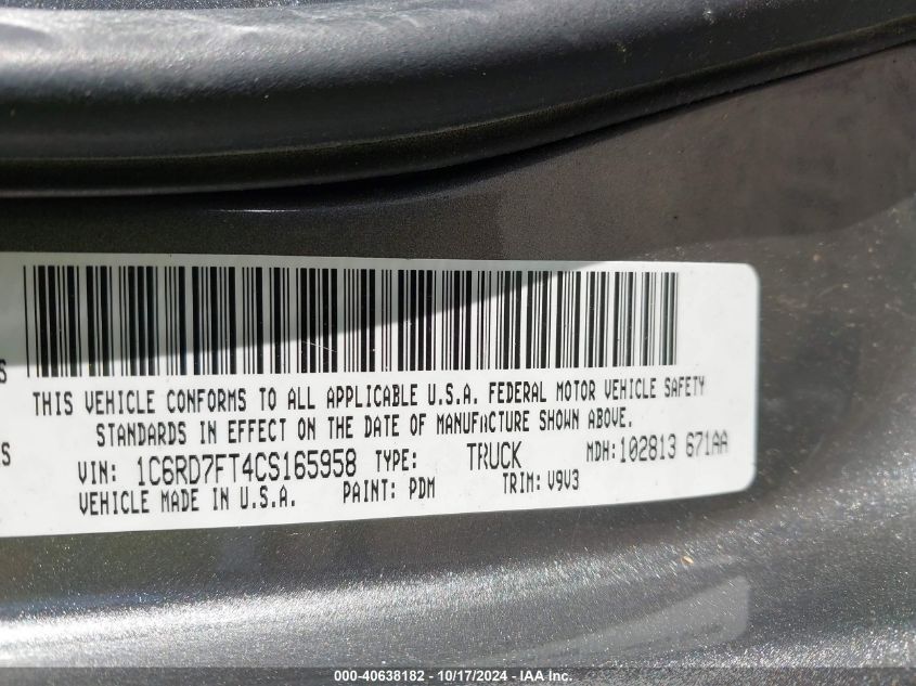 2012 Ram 1500 St VIN: 1C6RD7FT4CS165958 Lot: 40638182