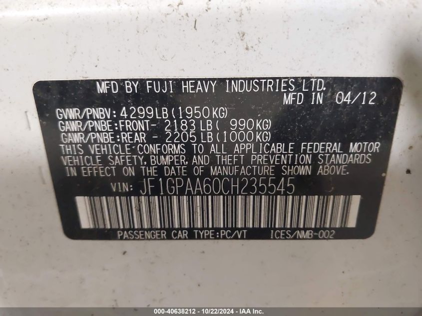 2012 Subaru Impreza 2.0I VIN: JF1GPAA60CH235545 Lot: 40638212
