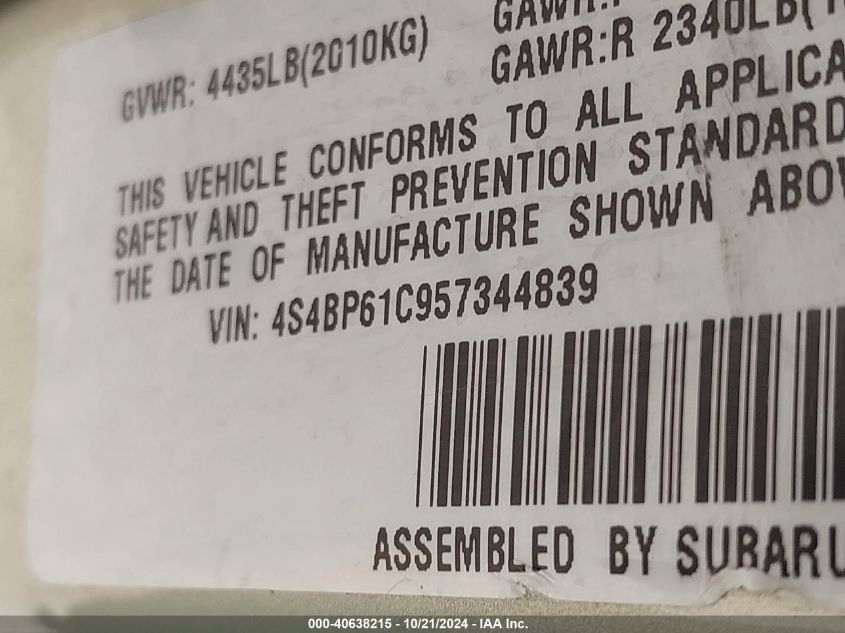 2005 Subaru Outback 2.5I VIN: 4S4BP61C957344839 Lot: 40638215