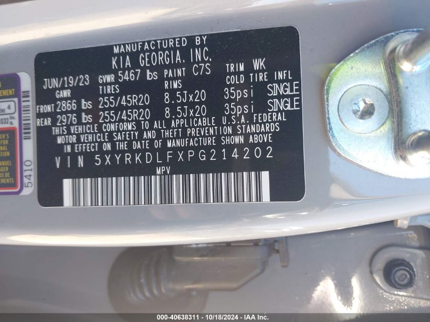 2023 Kia Sorento Sx VIN: 5XYRKDLFXPG214202 Lot: 40638311