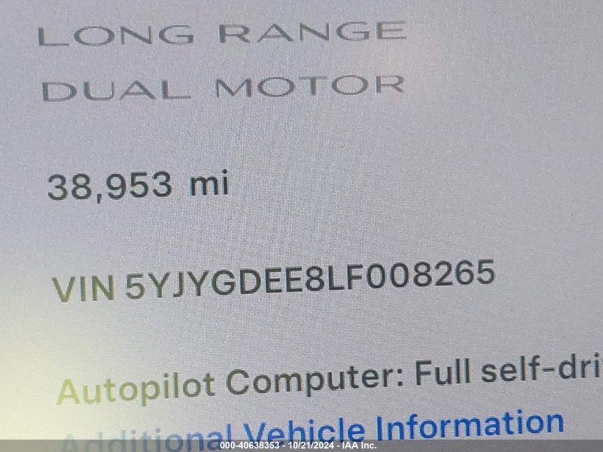 2020 Tesla Model Y VIN: 5YJYGDEE8LF008265 Lot: 40638353