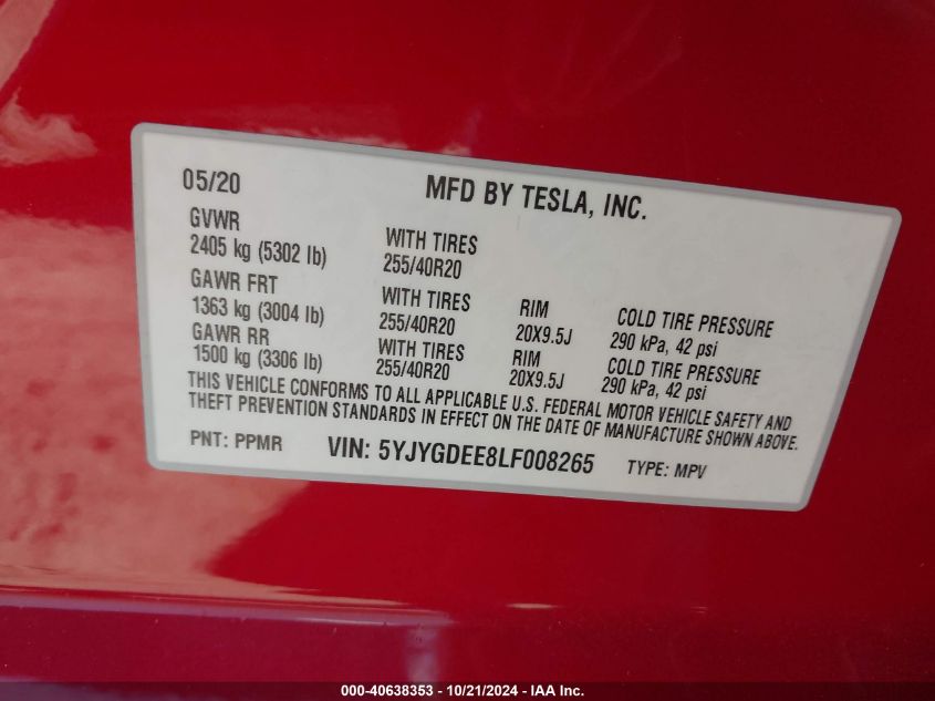 2020 Tesla Model Y VIN: 5YJYGDEE8LF008265 Lot: 40638353