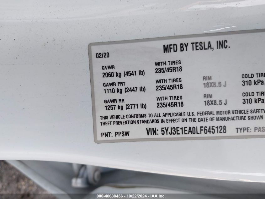 2020 Tesla Model 3 Standard Range Plus Rear-Wheel Drive/Standard Range Rear-Wheel Drive VIN: 5YJ3E1EA0LF645128 Lot: 40638456