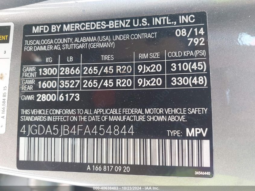 2015 Mercedes-Benz Ml 350 VIN: 4JGDA5JB4FA454844 Lot: 40638483