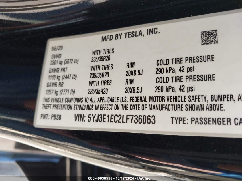 2020 Tesla Model 3 Performance Dual Motor All-Wheel Drive VIN: 5YJ3E1EC2LF736063 Lot: 40638555