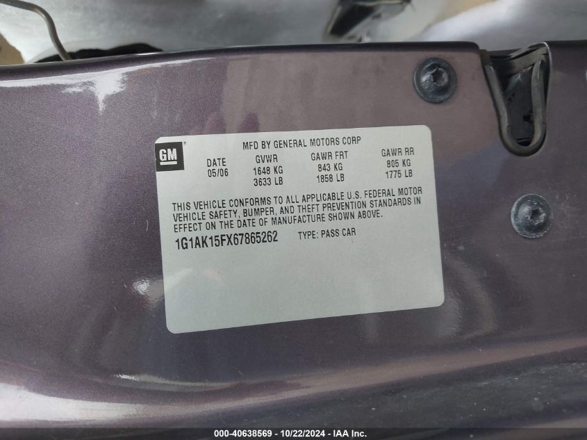 2006 Chevrolet Cobalt Ls VIN: 1G1AK15FX67865262 Lot: 40638569