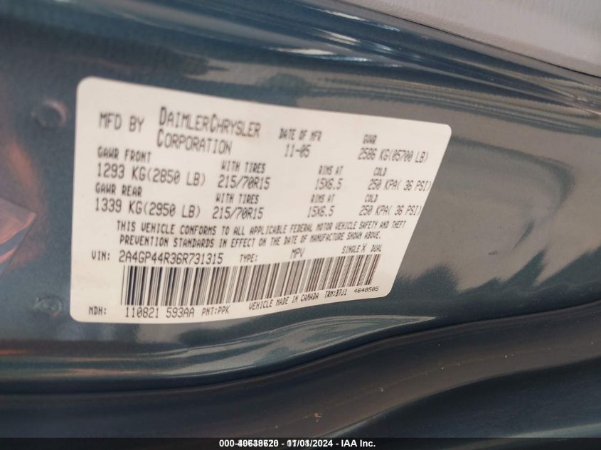 2006 Chrysler Town & Country Lx VIN: 2A4GP44R36R731315 Lot: 40638620