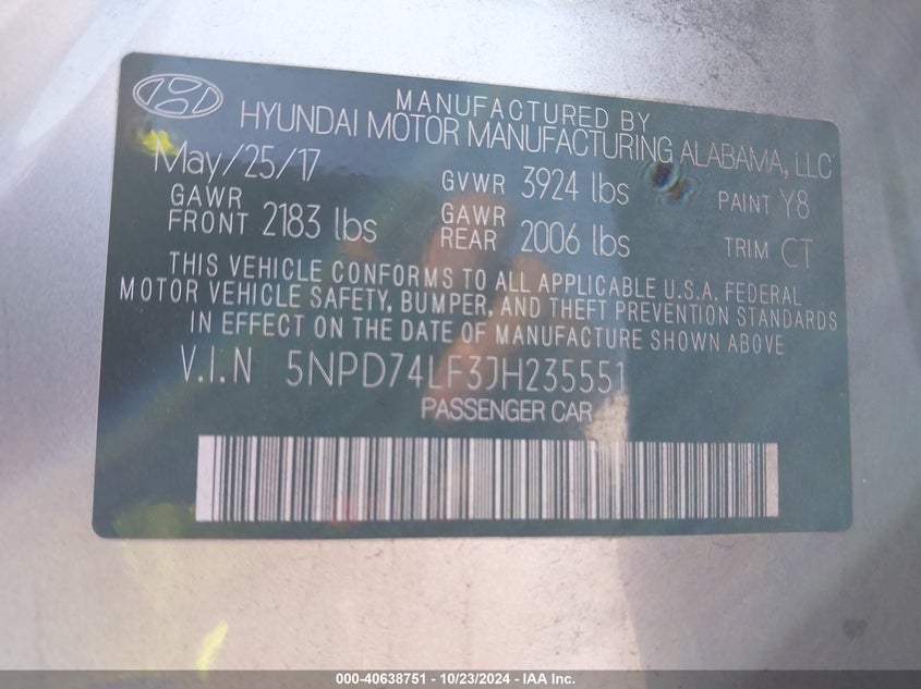 VIN 5NPD74LF3JH235551 2018 HYUNDAI ELANTRA SE