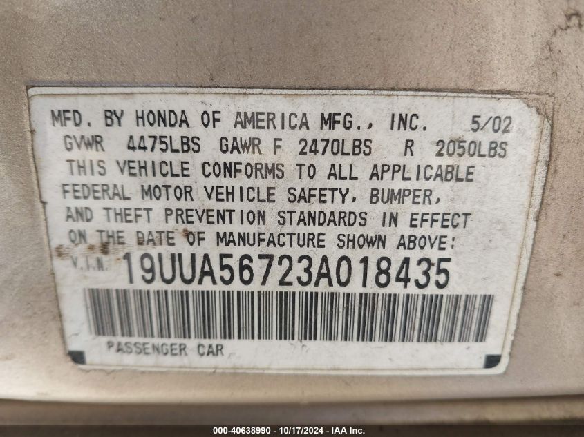 2003 Acura Tl 3.2 VIN: 19UUA56723A018435 Lot: 40638990