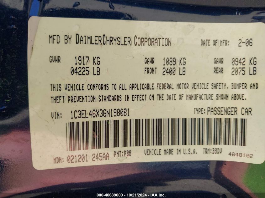 2006 Chrysler Sebring VIN: 1C3EL46X36N198081 Lot: 40639000