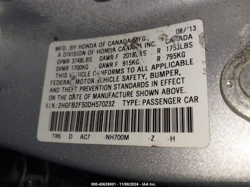 2013 HONDA CIVIC LX - 2HGFB2F50DH570232