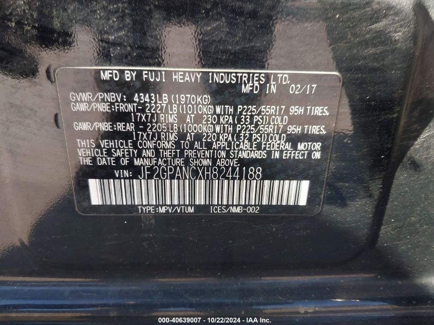VIN JF2GPANCXH8244188 2017 SUBARU CROSSTREK 2.0I LIMITED