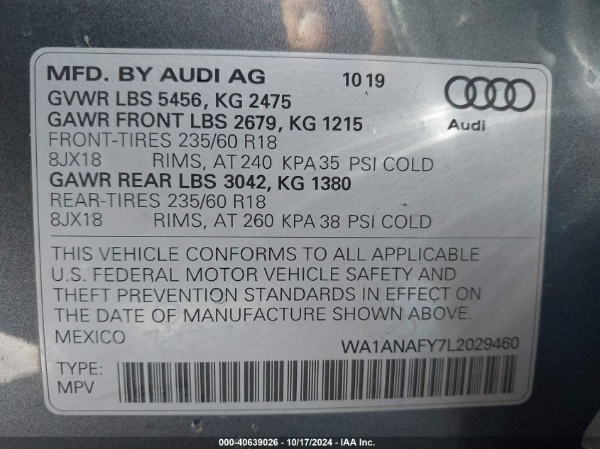 2020 Audi Q5 Premium 45 Tfsi Quattro S Tronic/Titanium Premium 45 Tfsi Quattro S Tronic VIN: WA1ANAFY7L2029460 Lot: 40639026