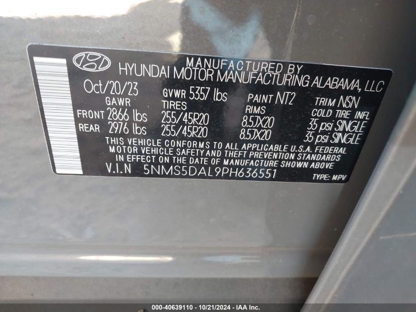 2023 Hyundai Santa Fe Calligraphy VIN: 5NMS5DAL9PH636551 Lot: 40653986