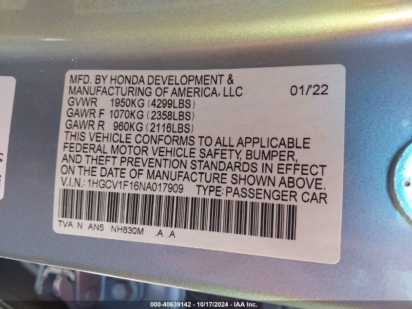 2022 Honda Accord Lx VIN: 1HGCV1F16NA017909 Lot: 40639142