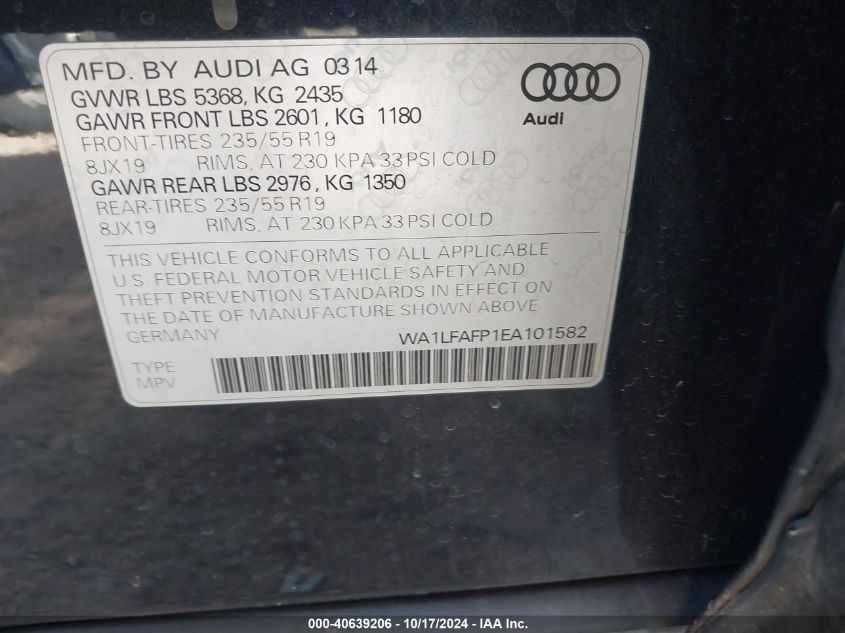 2014 Audi Q5 2.0T Premium VIN: WA1LFAFP1EA101582 Lot: 40639206