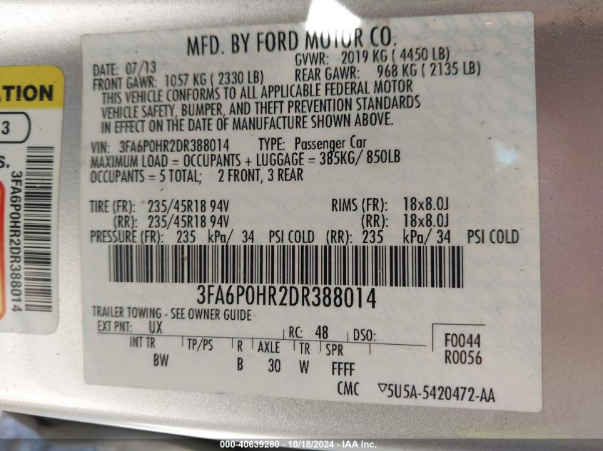 2013 FORD FUSION SE - 3FA6P0HR2DR388014