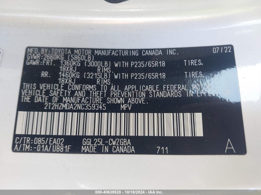 2022 LEXUS RX 350 VIN: 2T2HZMDA2NC359345