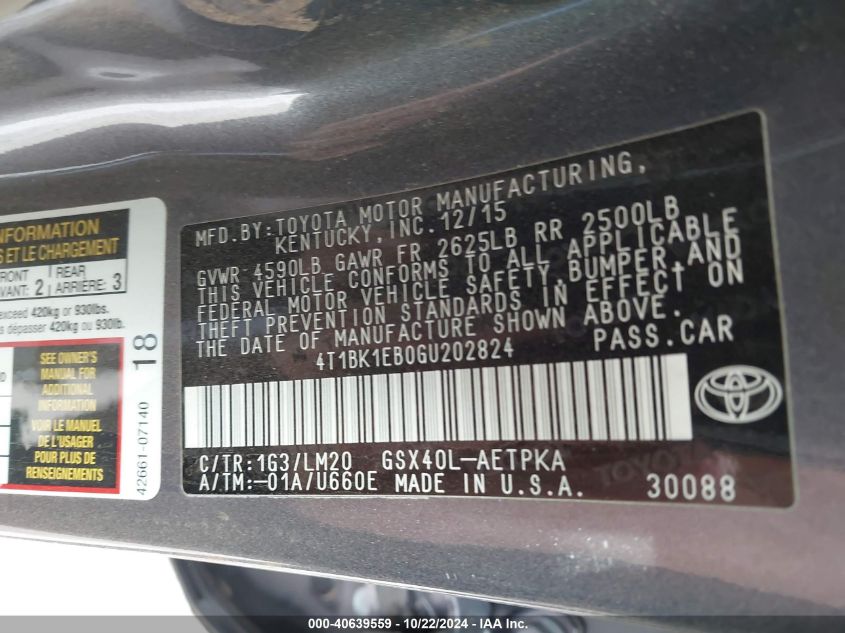 2016 Toyota Avalon Limited VIN: 4T1BK1EB0GU202824 Lot: 40639559