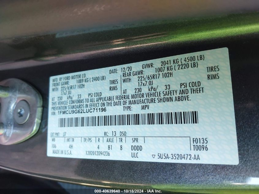VIN 1FMCU9G62LUC71196 2020 FORD ESCAPE SE