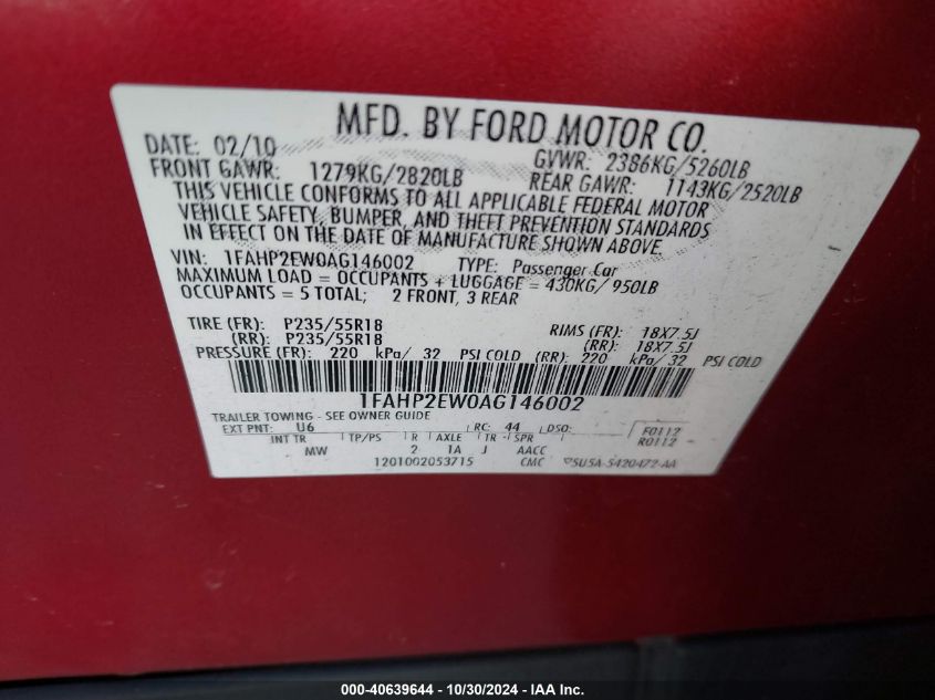 2010 Ford Taurus Sel VIN: 1FAHP2EW0AG146002 Lot: 40639644