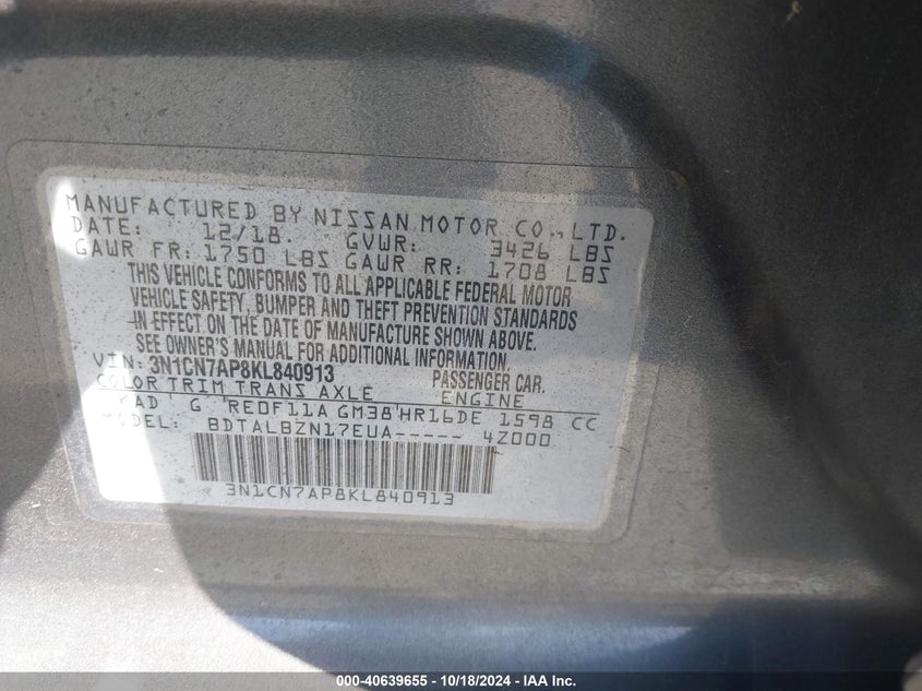 2019 Nissan Versa 1.6 Sv VIN: 3N1CN7AP8KL840913 Lot: 40639655