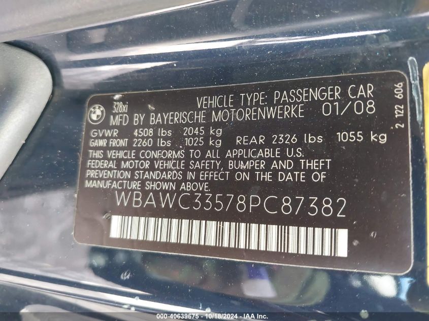 2008 BMW 328Xi VIN: WBAWC33578PC87382 Lot: 40639675