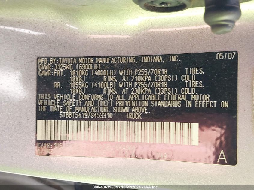 2007 TOYOTA TUNDRA VIN: 5TBBT54197S453310